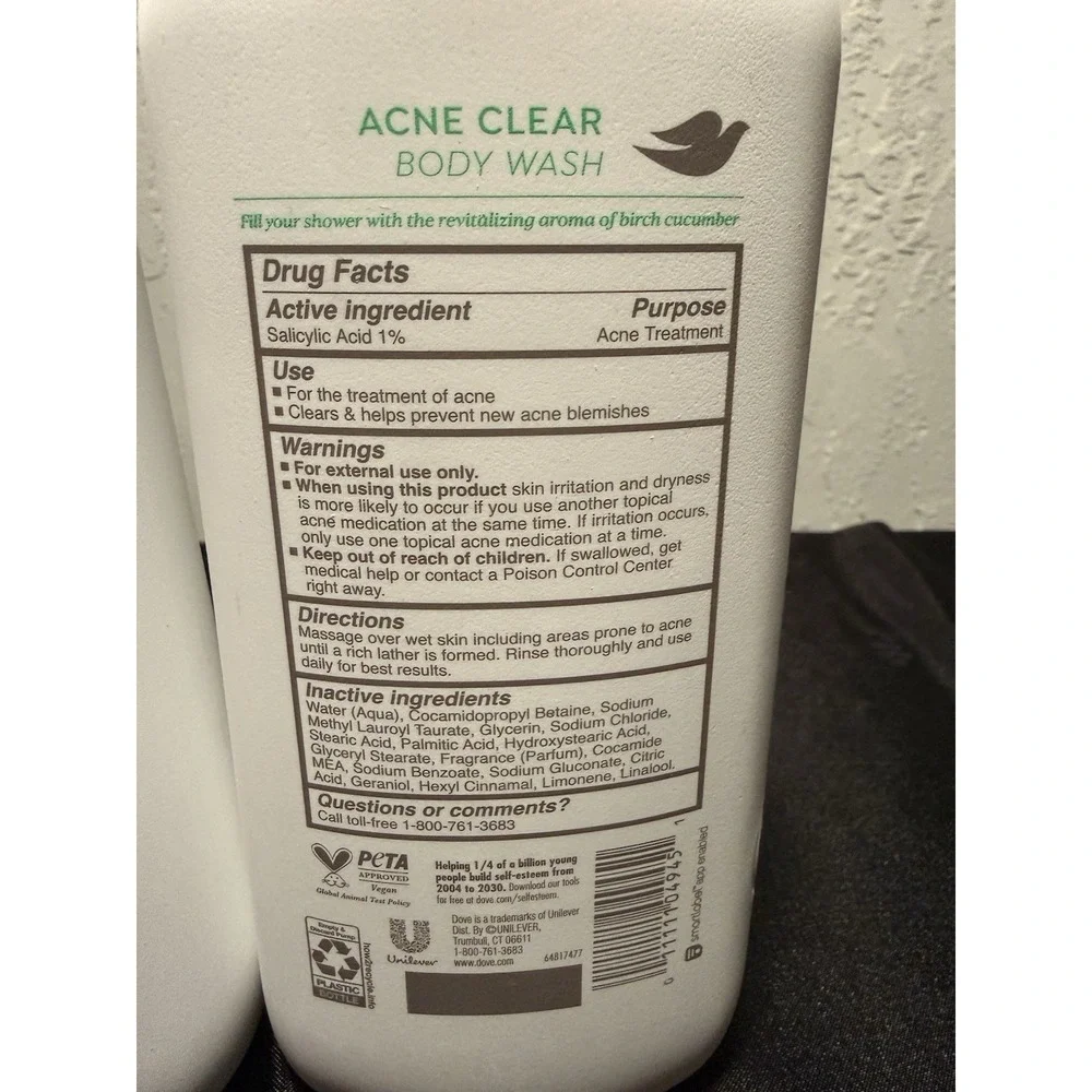 Dove Acne Clear Body Wash Birch Cucumber Salicylic Acid Paraben-Free 18.5 fl oz